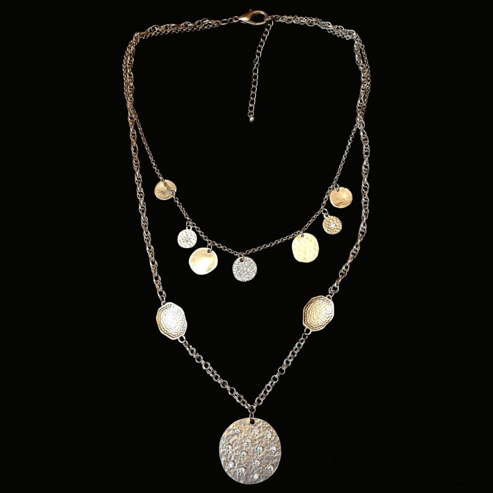 Fashion Necklace Chain Gold Tone Women with Coin like Charms and Rhinestones
